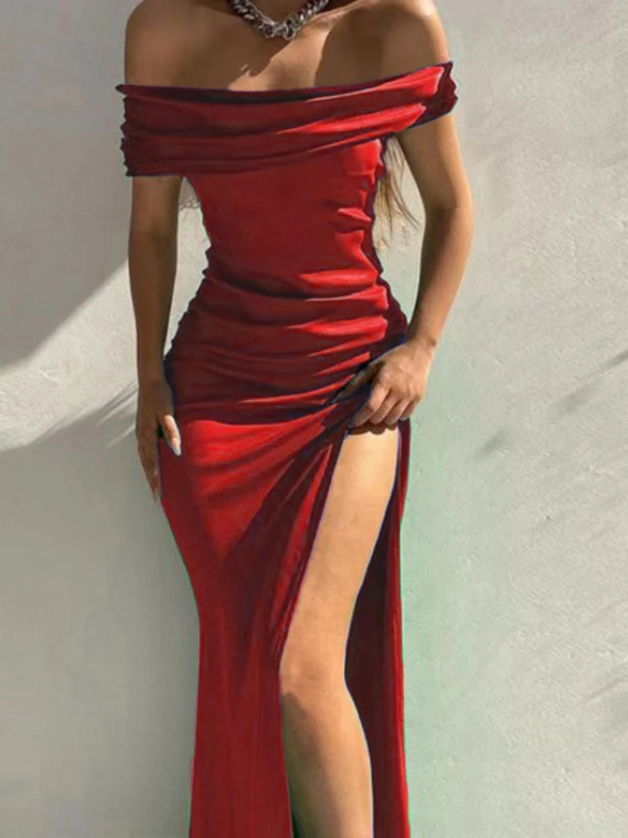 Sleeveless Mid-length Off-the-shoulder Solid Color Satin Long Dress - Image 2