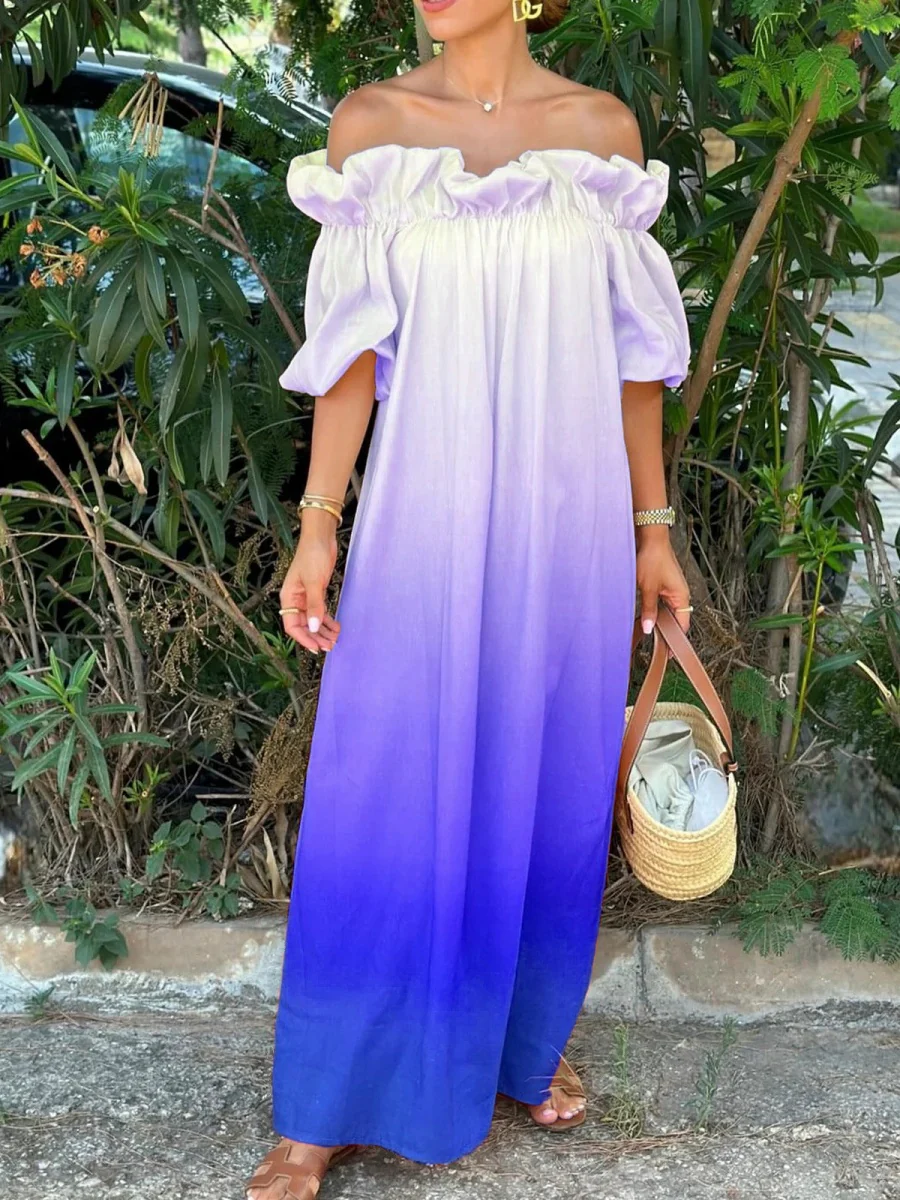 Off-the-shoulder Gradient Print Long Dress With Ruffled Trim - Image 2