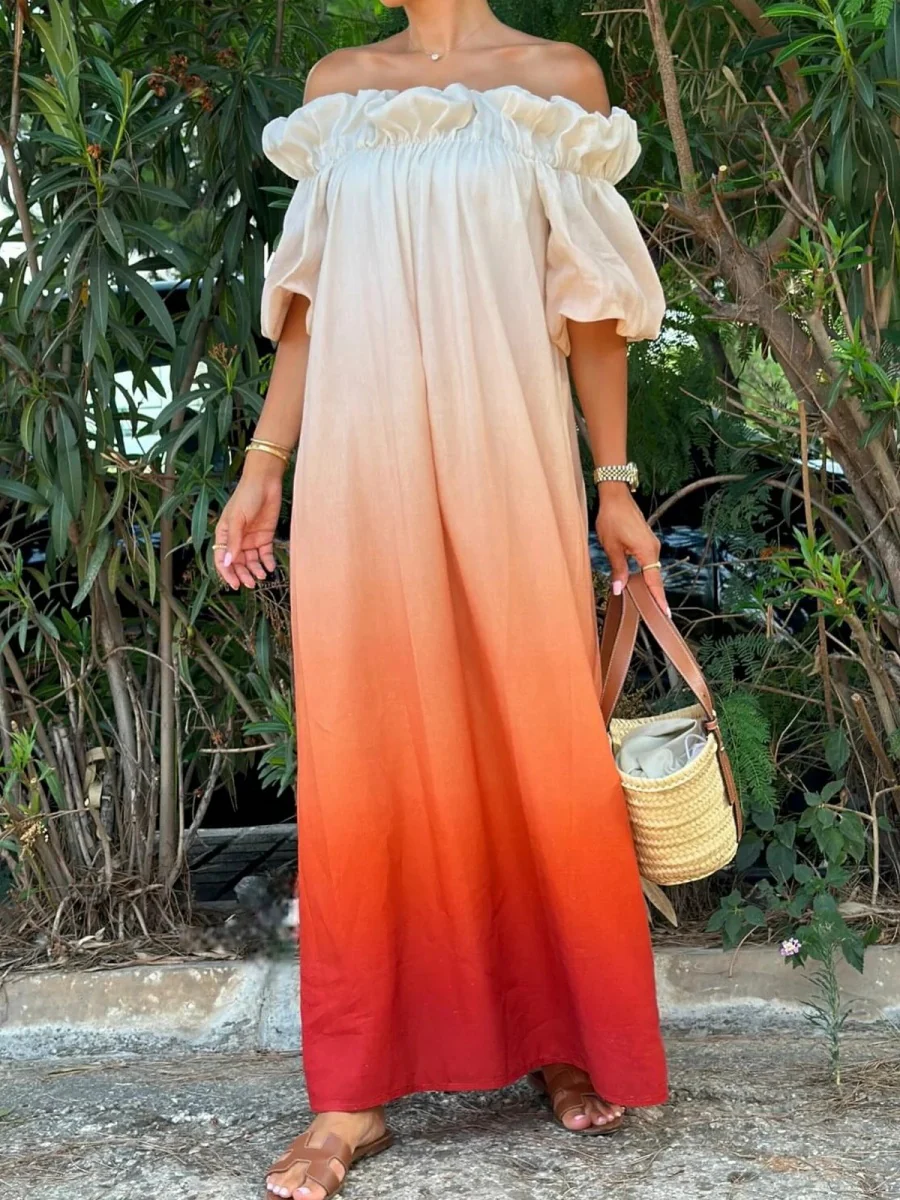 Off-the-shoulder Gradient Print Long Dress With Ruffled Trim - Image 3