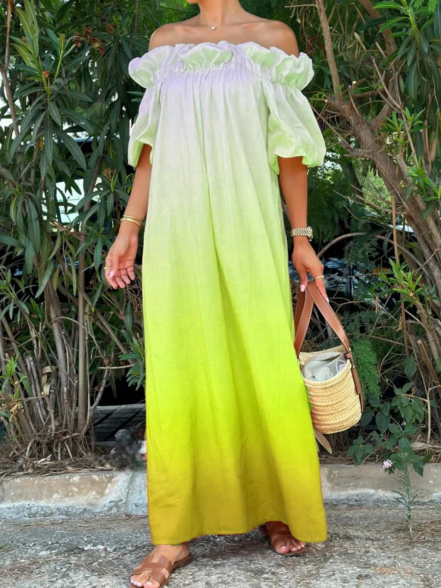 Off-the-shoulder Gradient Print Long Dress With Ruffled Trim - Image 4
