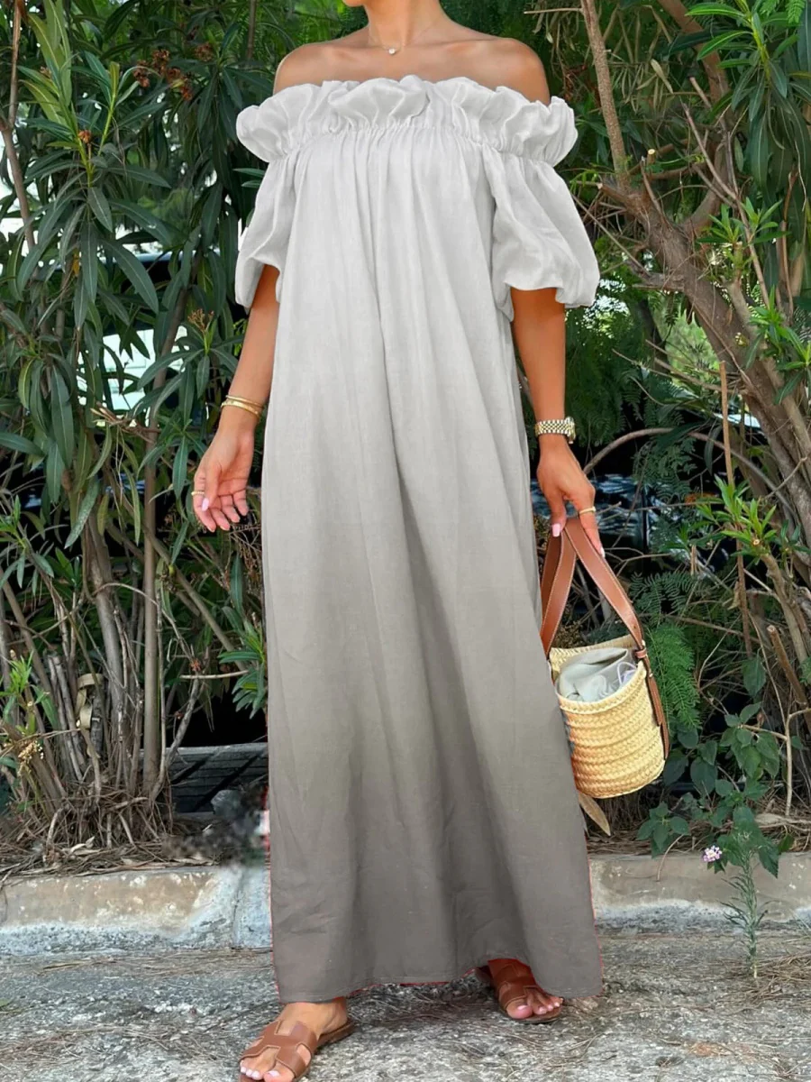 Off-the-shoulder Gradient Print Long Dress With Ruffled Trim - Image 5