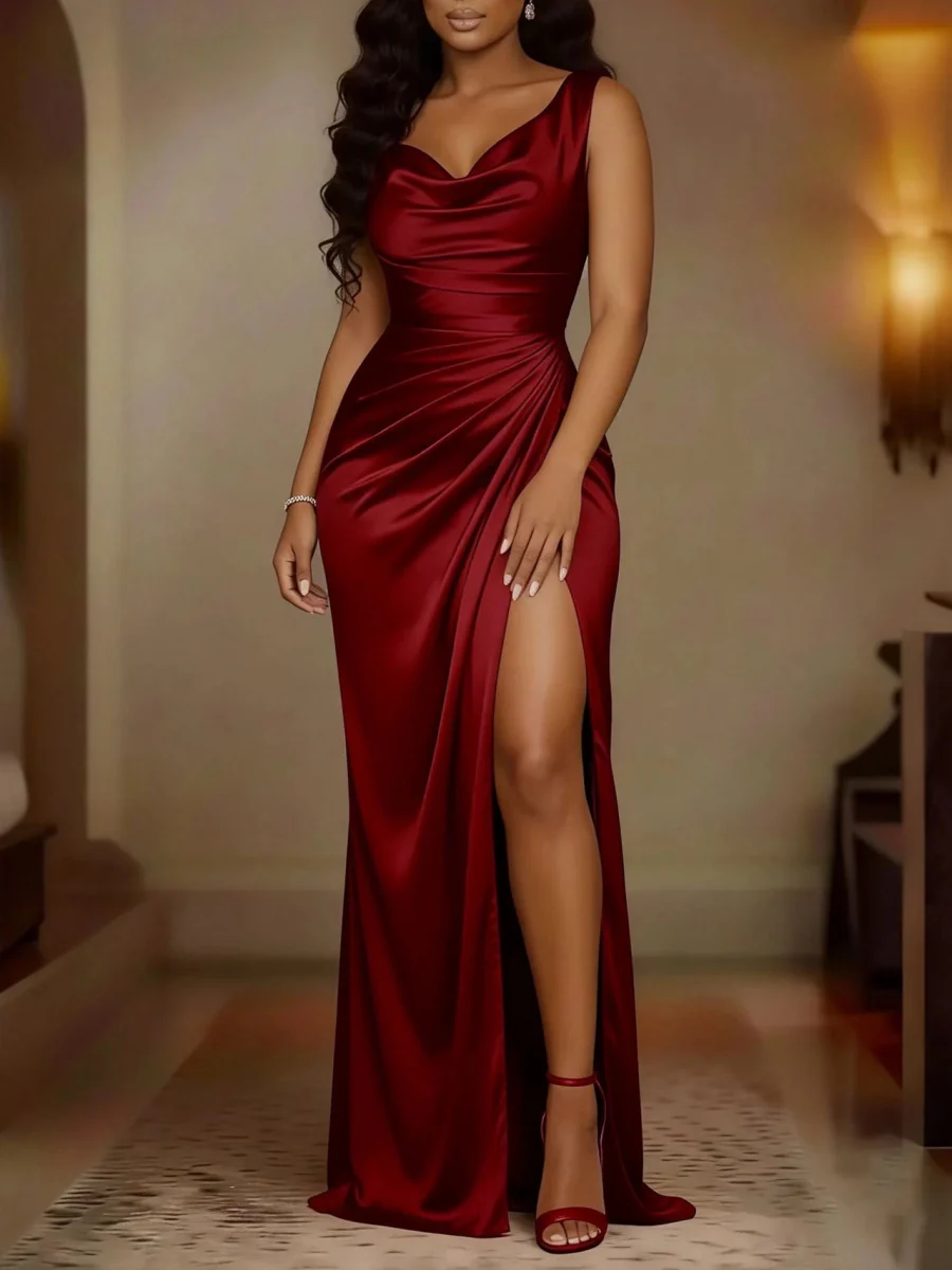 Long Sleeveless Satin Dress With Slits And Pleats At The Hem - Image 6