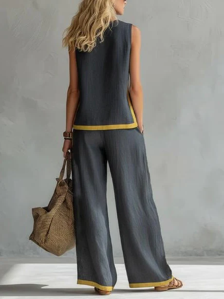 Sleeveless Color-blocked Wide-leg Pants Two-piece Set - Image 3