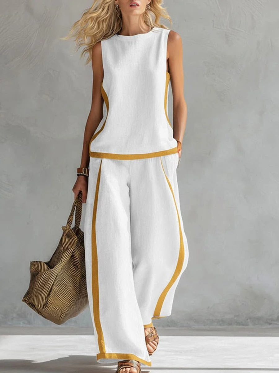 Sleeveless Color-blocked Wide-leg Pants Two-piece Set - Image 4