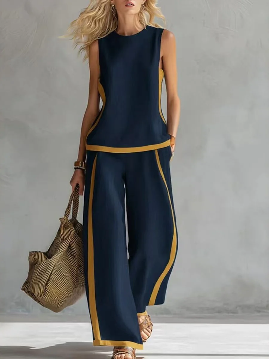 Sleeveless Color-blocked Wide-leg Pants Two-piece Set - Image 5