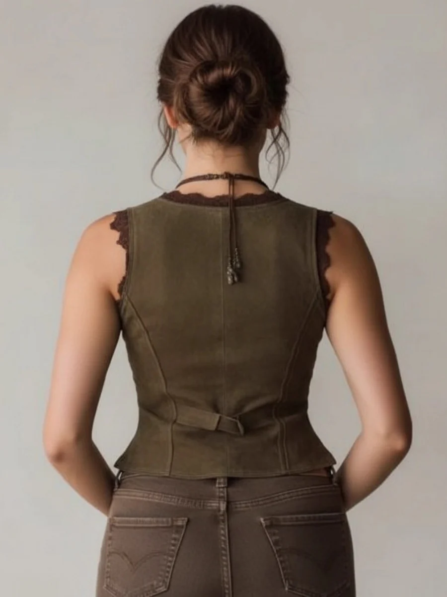 V-neck Lace Trim Single-breasted Velvet Vest - Image 2
