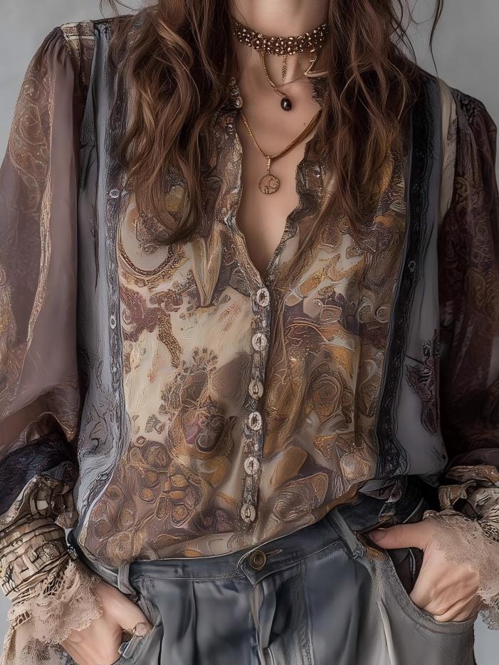 Lace-trimmed Casual Long-sleeved Ramie Shirt - Image 2