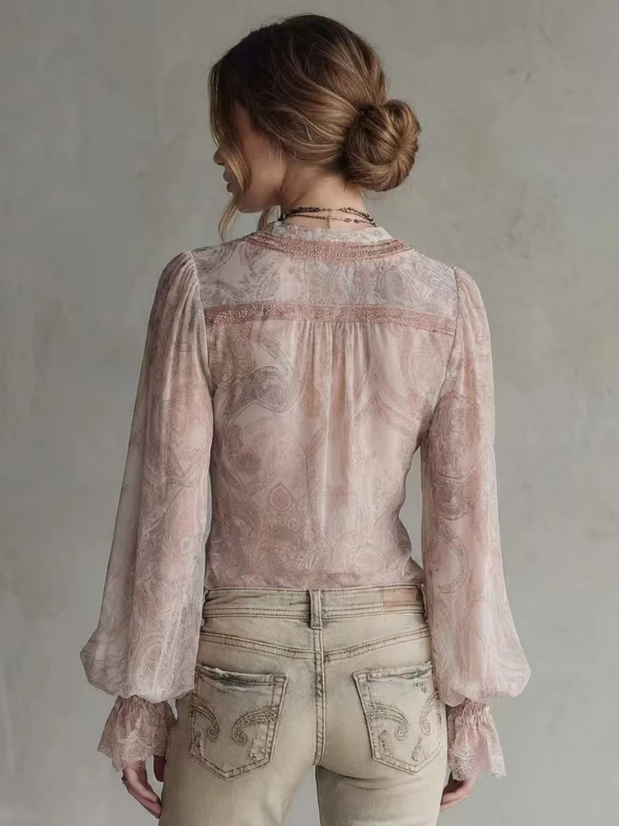 Faux Two-piece Knotted Lace Bell-sleeve Shirt - Image 2