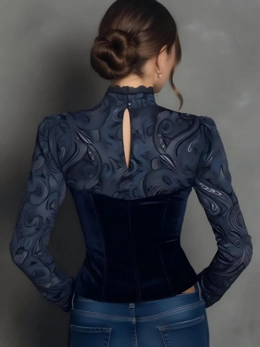 V-neck Lace-trimmed Long-sleeved Velvet Shirt - Image 2
