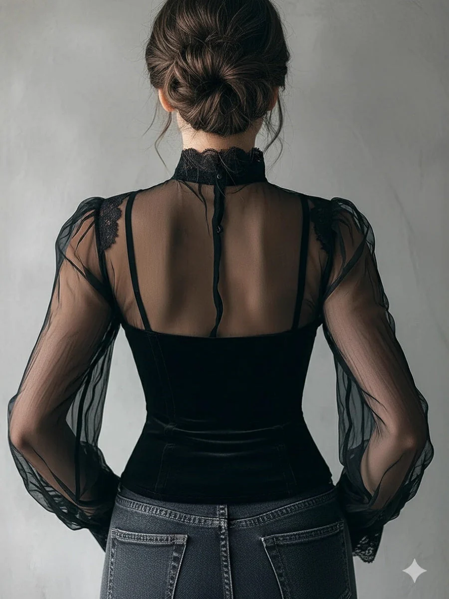 Velvet Ruffle Balloon Sleeve Lace T-shirts - Image 2