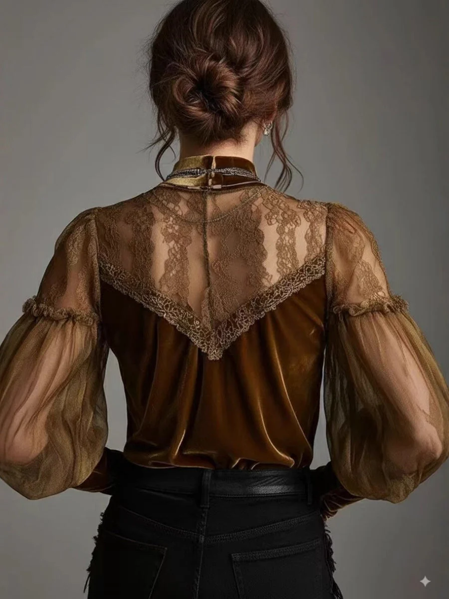 Lace Splicing Velvet Half Turtleneck T-shirts - Image 2