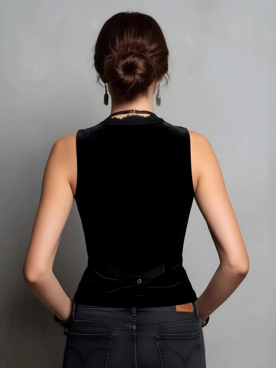 Black V-neck Lace-trimmed Single-breasted Velvet Vest - Image 2