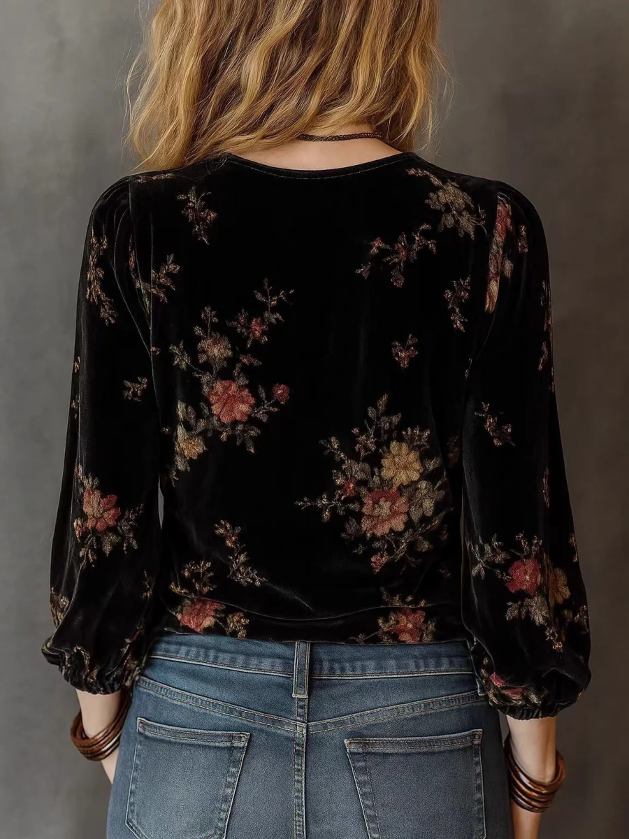 Black V-neck Floral Print Velvet Long-sleeved Shirt - Image 2
