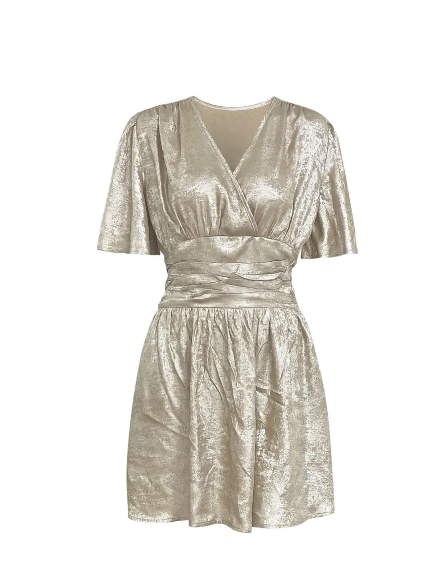 V-neck With Ruffled Sleeves Metallic Color Mini&Short Dresses - Image 5