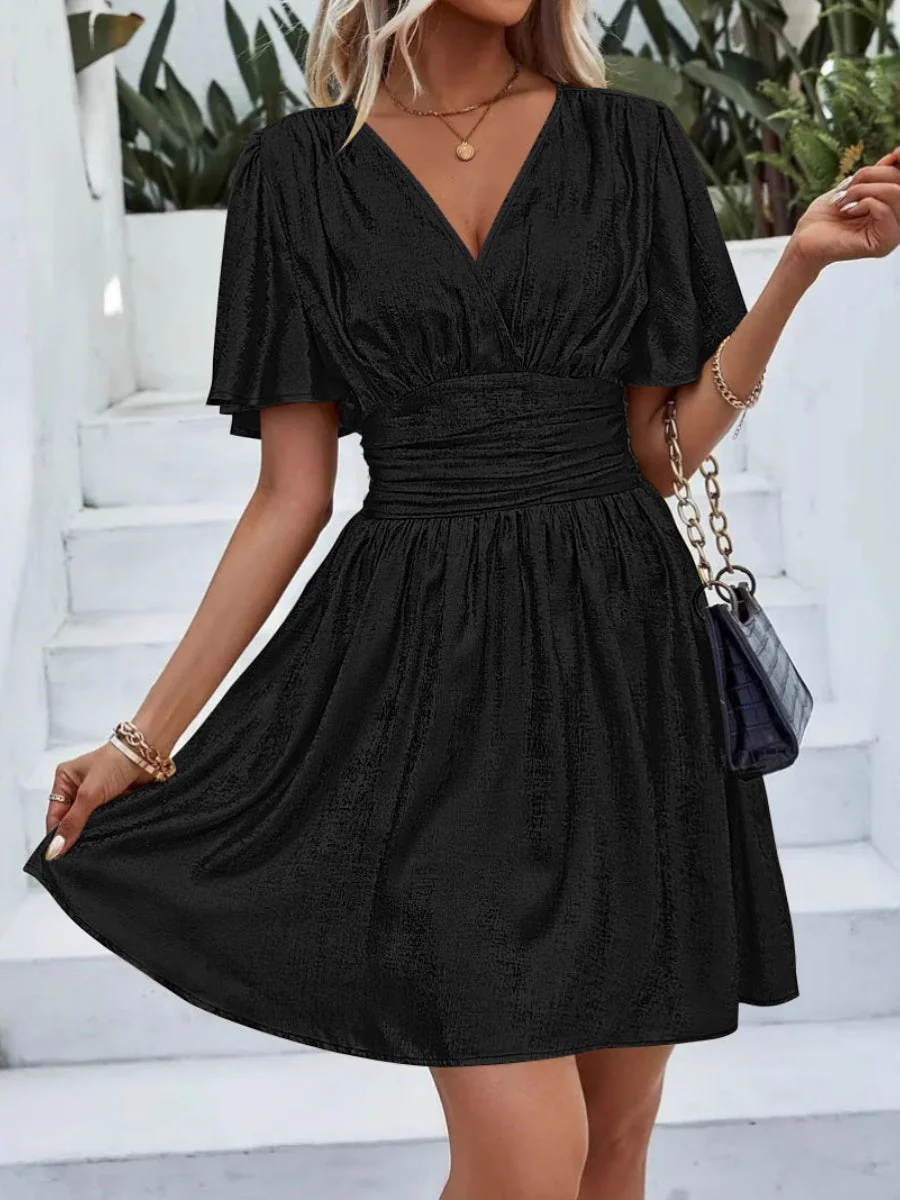 V-neck With Ruffled Sleeves Metallic Color Mini&Short Dresses - Image 6