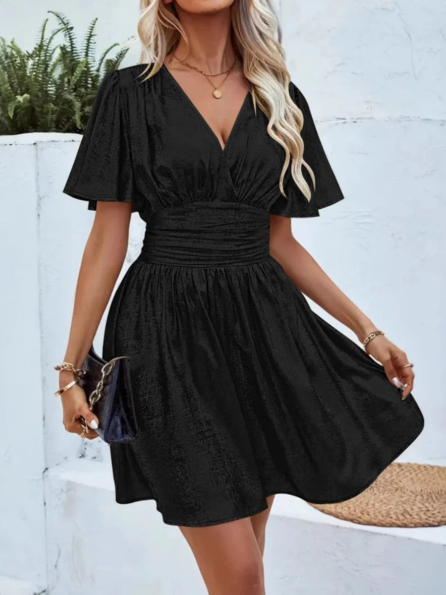 V-neck With Ruffled Sleeves Metallic Color Mini&Short Dresses - Image 8