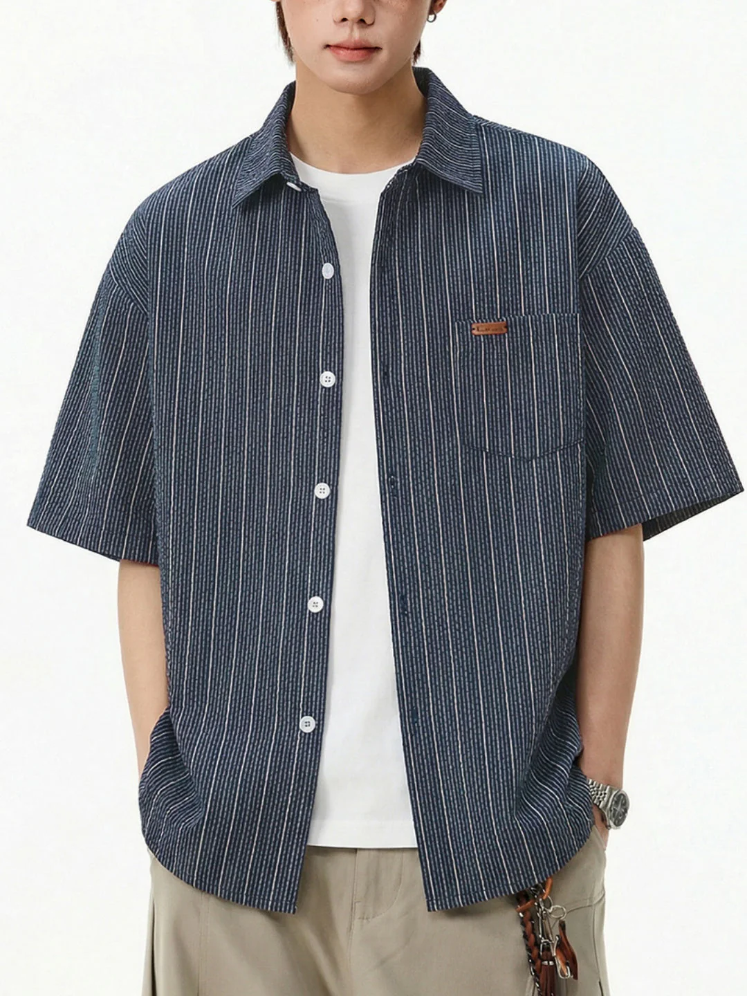 Texture Slight Wrinkles Color-blocked Stripes Loose-fit Shirts - Image 2