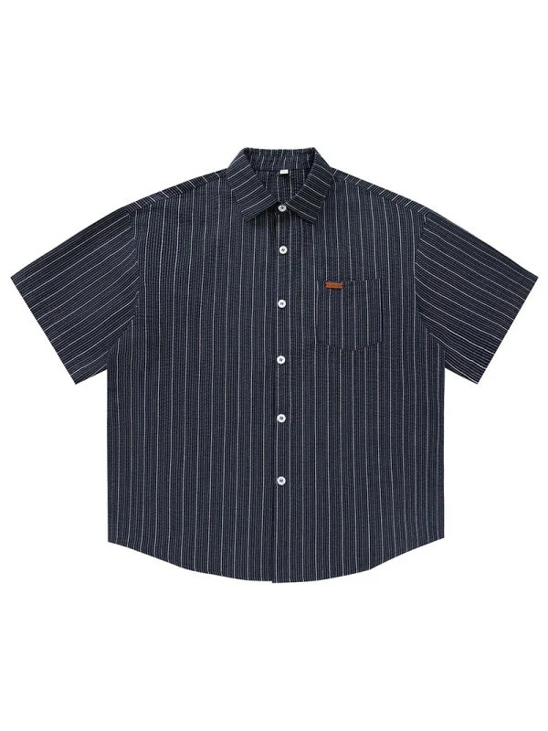 Texture Slight Wrinkles Color-blocked Stripes Loose-fit Shirts - Image 3