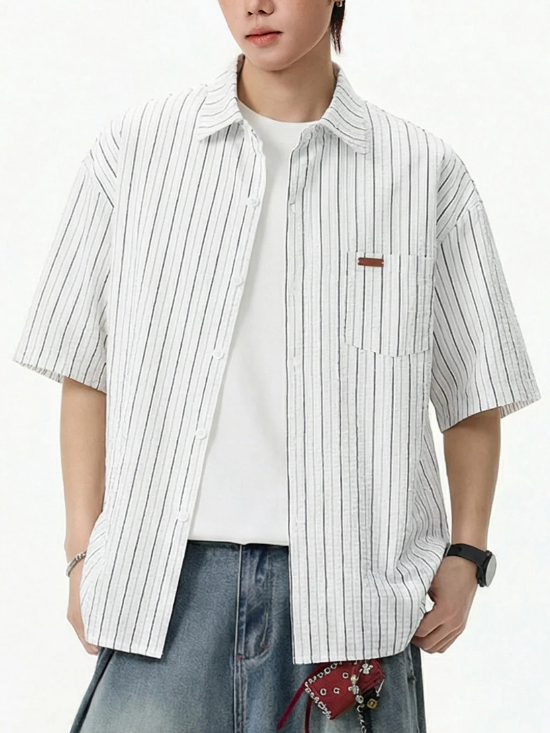 Texture Slight Wrinkles Color-blocked Stripes Loose-fit Shirts - Image 5