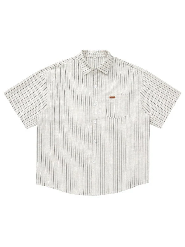 Texture Slight Wrinkles Color-blocked Stripes Loose-fit Shirts - Image 6
