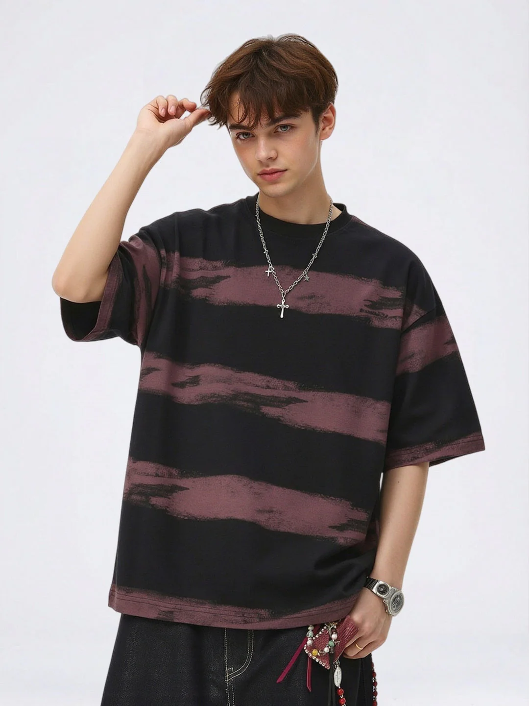 Imitation Tie-dye Stripes Pure Embroidery T-shirts