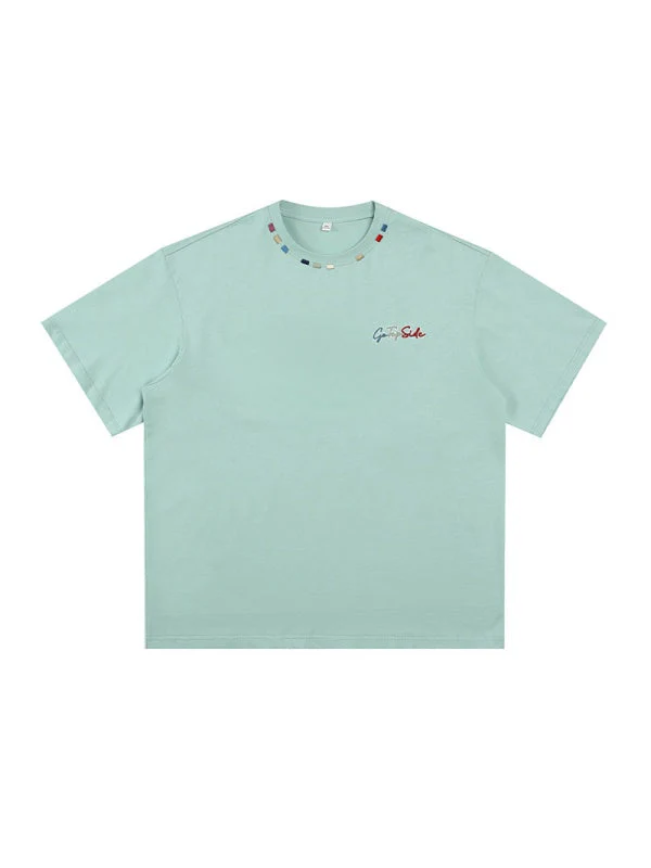 Color-blocked Colorful Embroidery Loose-fit T-shirts - Image 10