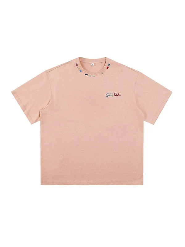 Color-blocked Colorful Embroidery Loose-fit T-shirts - Image 11
