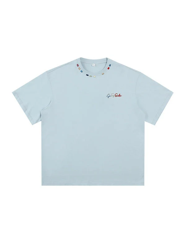 Color-blocked Colorful Embroidery Loose-fit T-shirts - Image 12