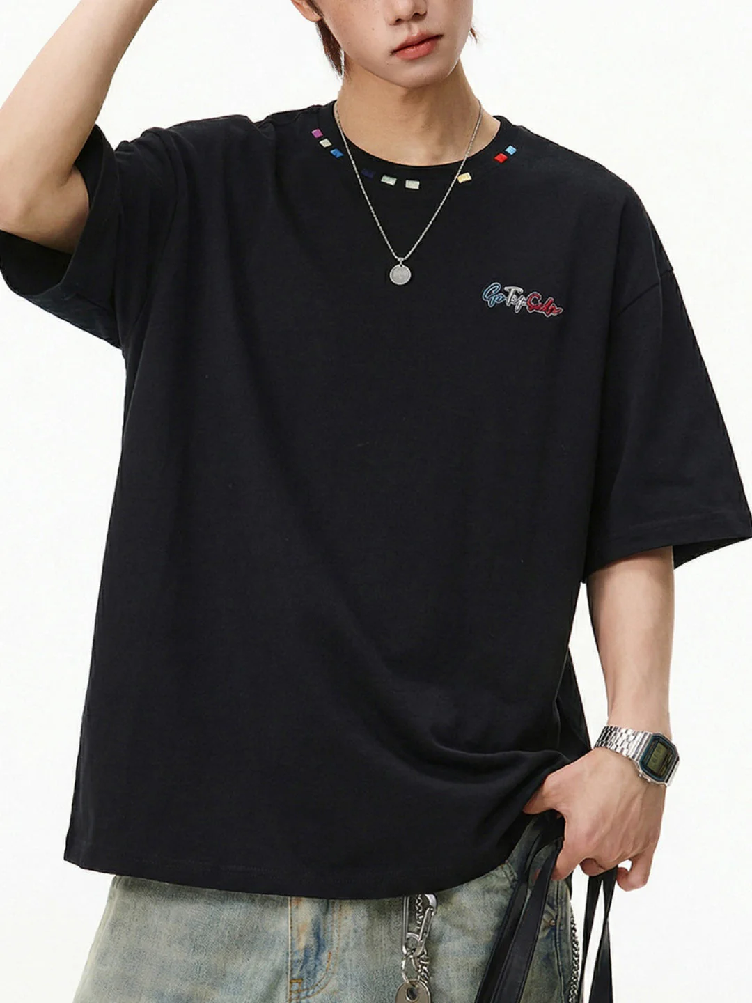Color-blocked Colorful Embroidery Loose-fit T-shirts - Image 4