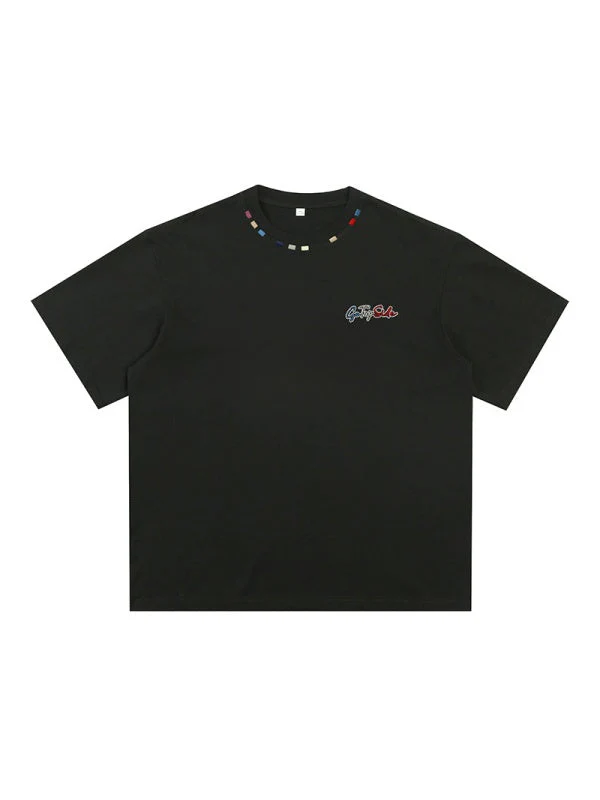 Color-blocked Colorful Embroidery Loose-fit T-shirts - Image 6