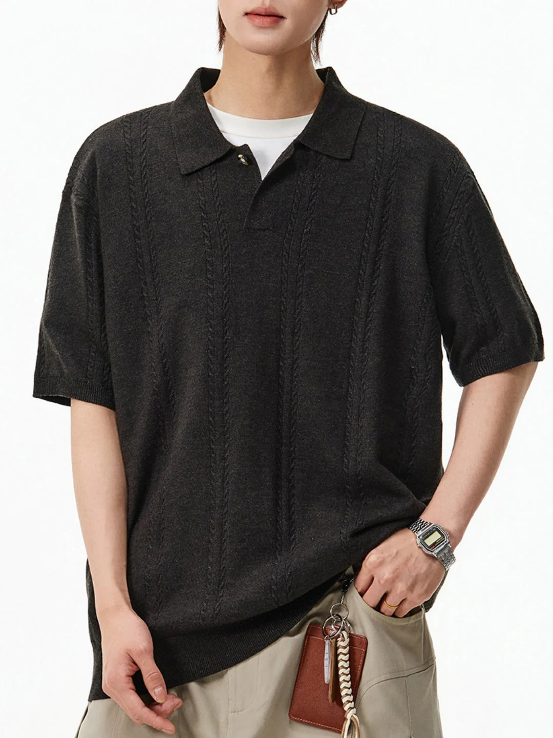 Twisted Dough Sticks Texture Loose-fit Polo Shirt - Image 5