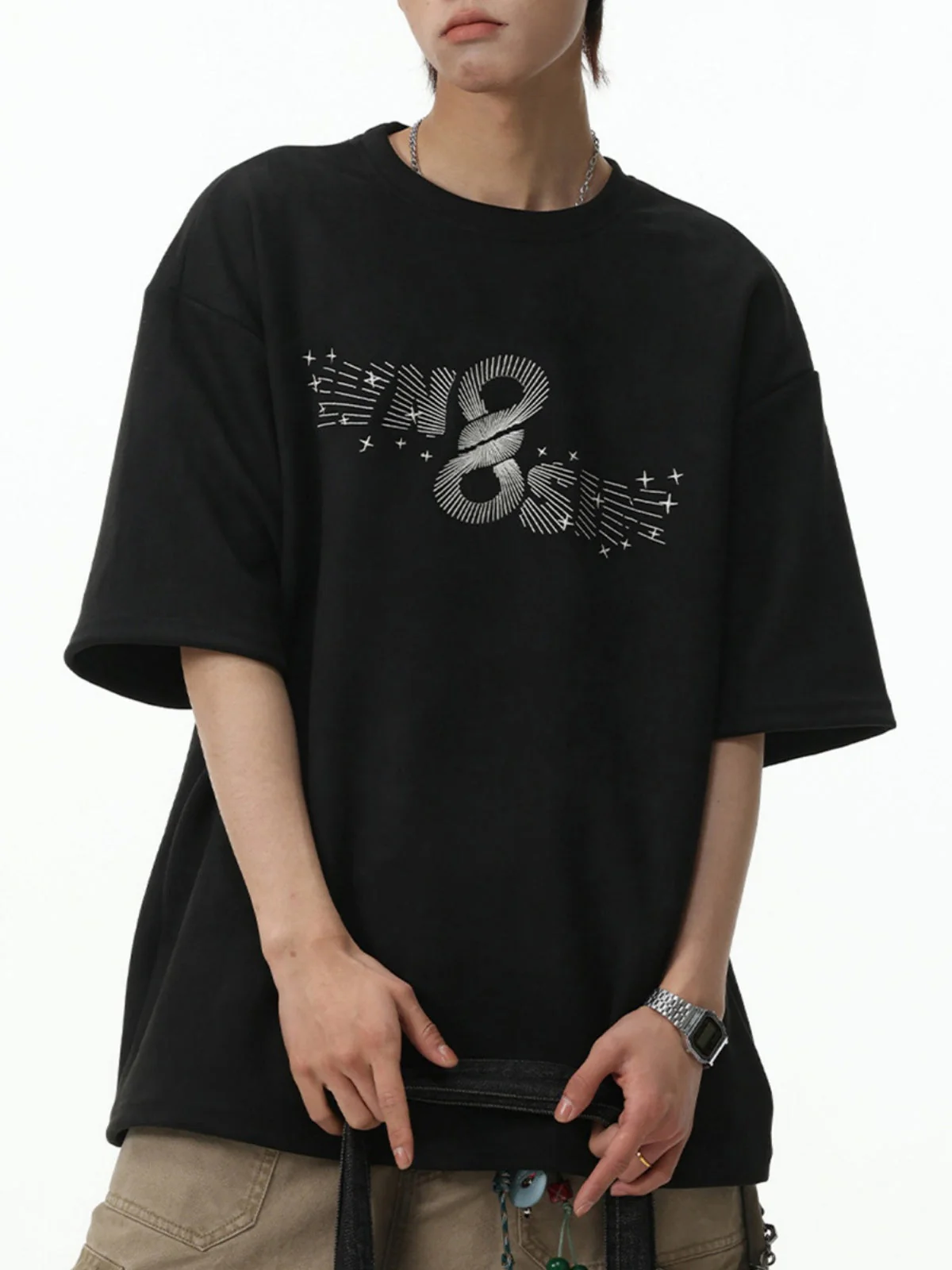 Imitation Suede Color-blocked Printed Loose-fit T-shirts - Image 2