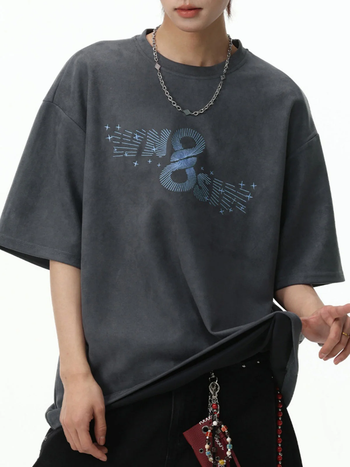 Imitation Suede Color-blocked Printed Loose-fit T-shirts - Image 5