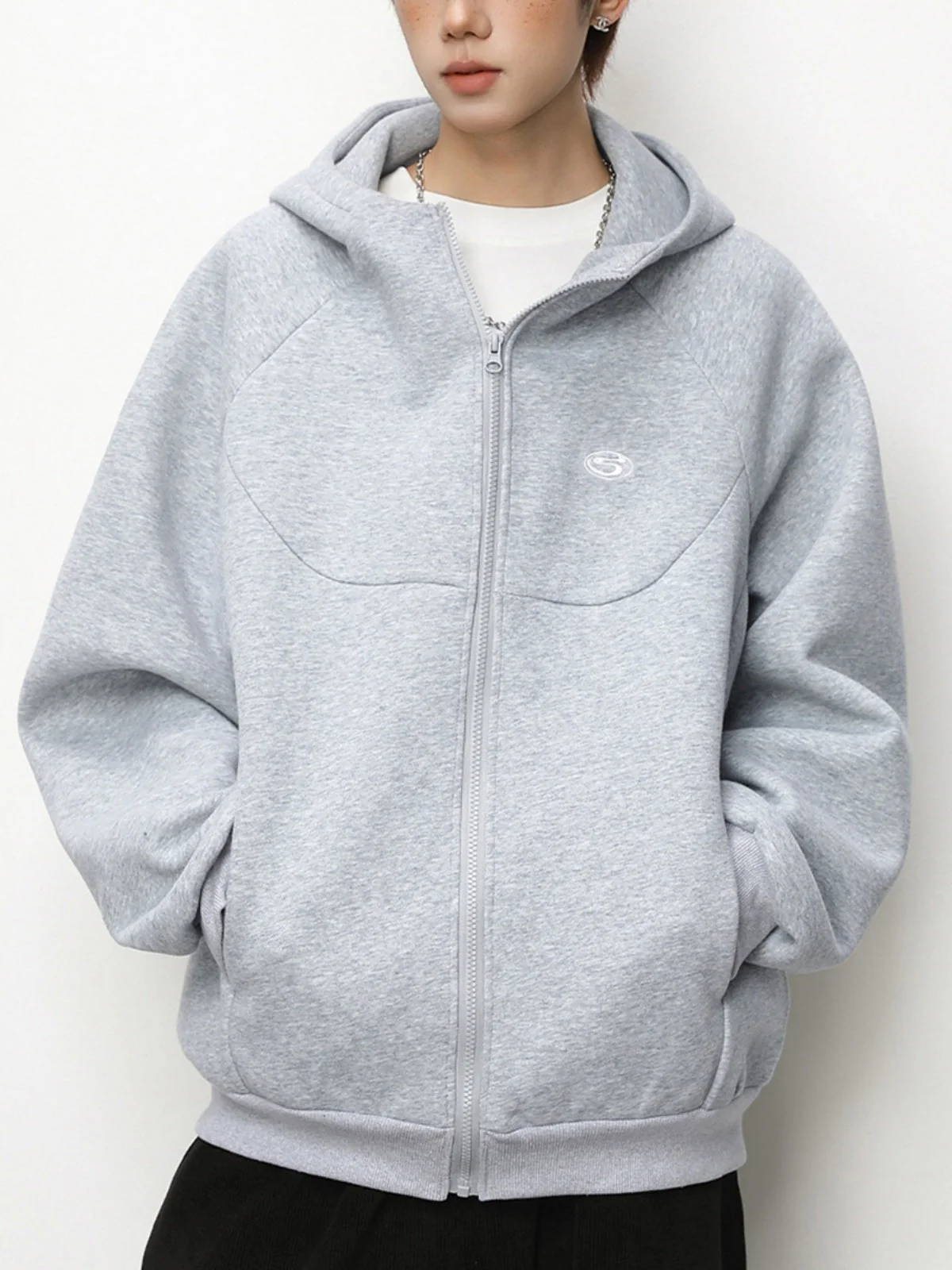 Boxy Color-blocked Embroidery Hoodies Cardigan - Image 5