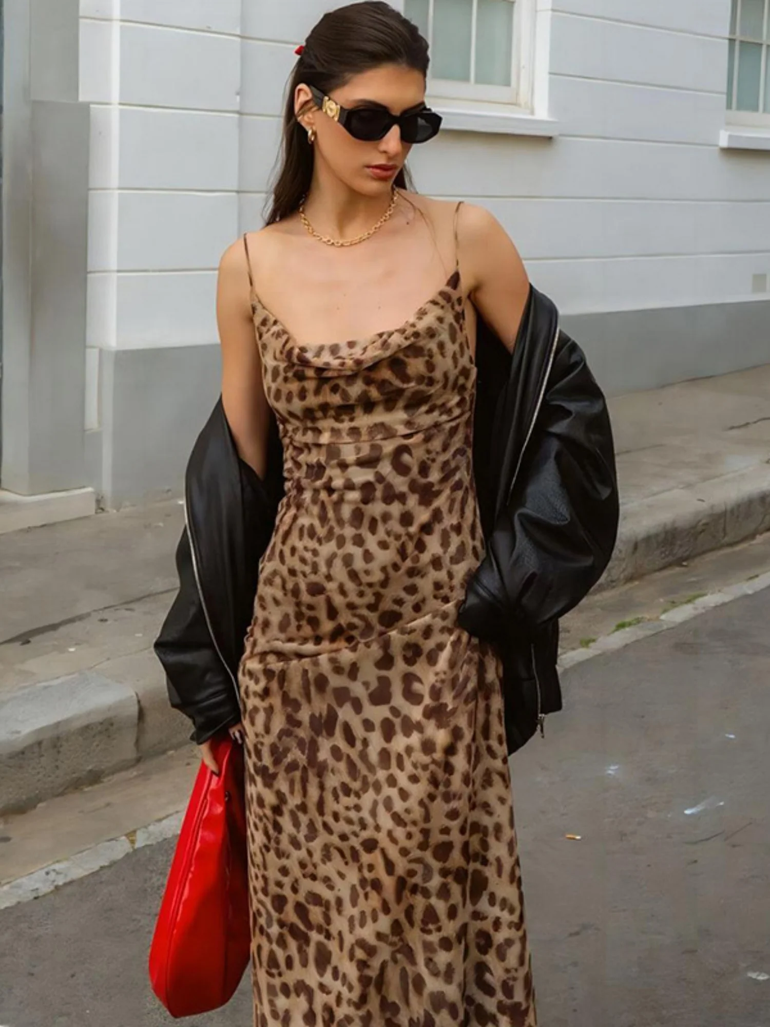 Leopard Print V-neck Backless Maxi Dresses - Image 3