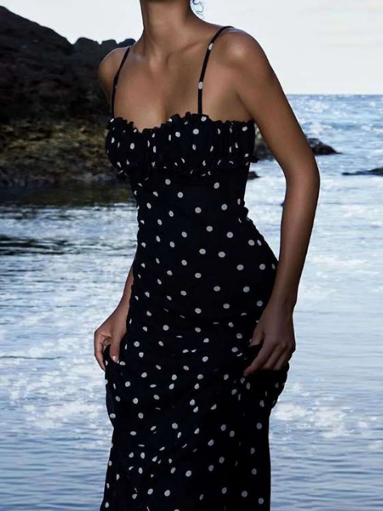 Polka Dots Spaghetti Strap Backless Bodycon Slimming Maxi Dresses