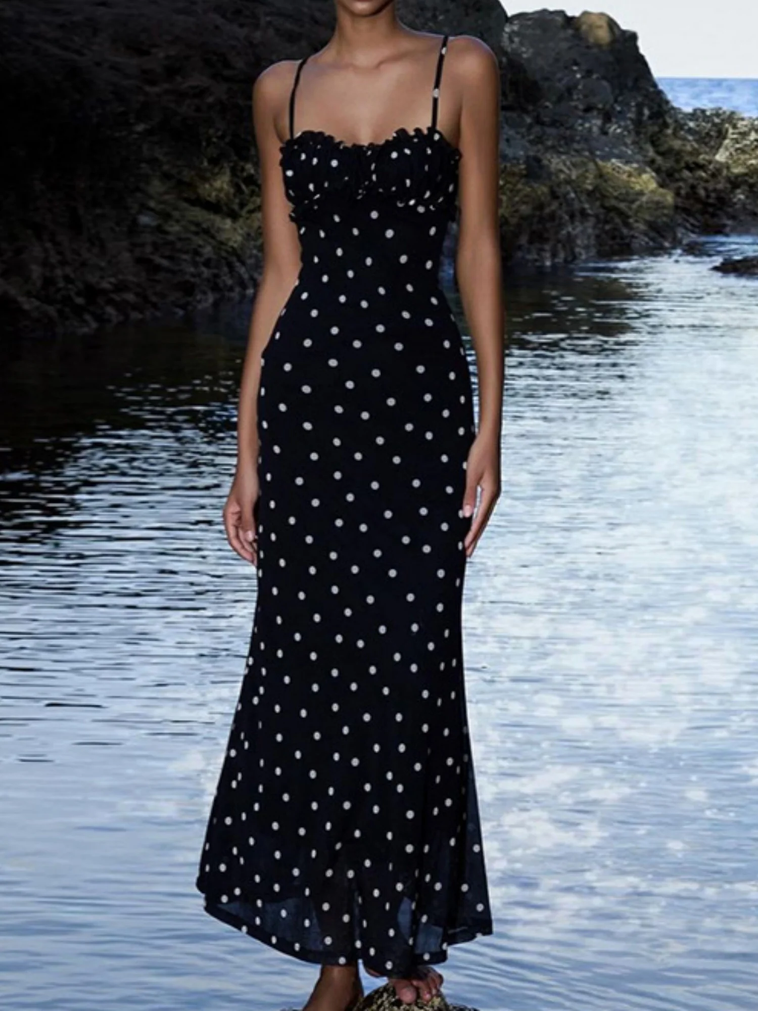Polka Dots Spaghetti Strap Backless Bodycon Slimming Maxi Dresses - Image 2