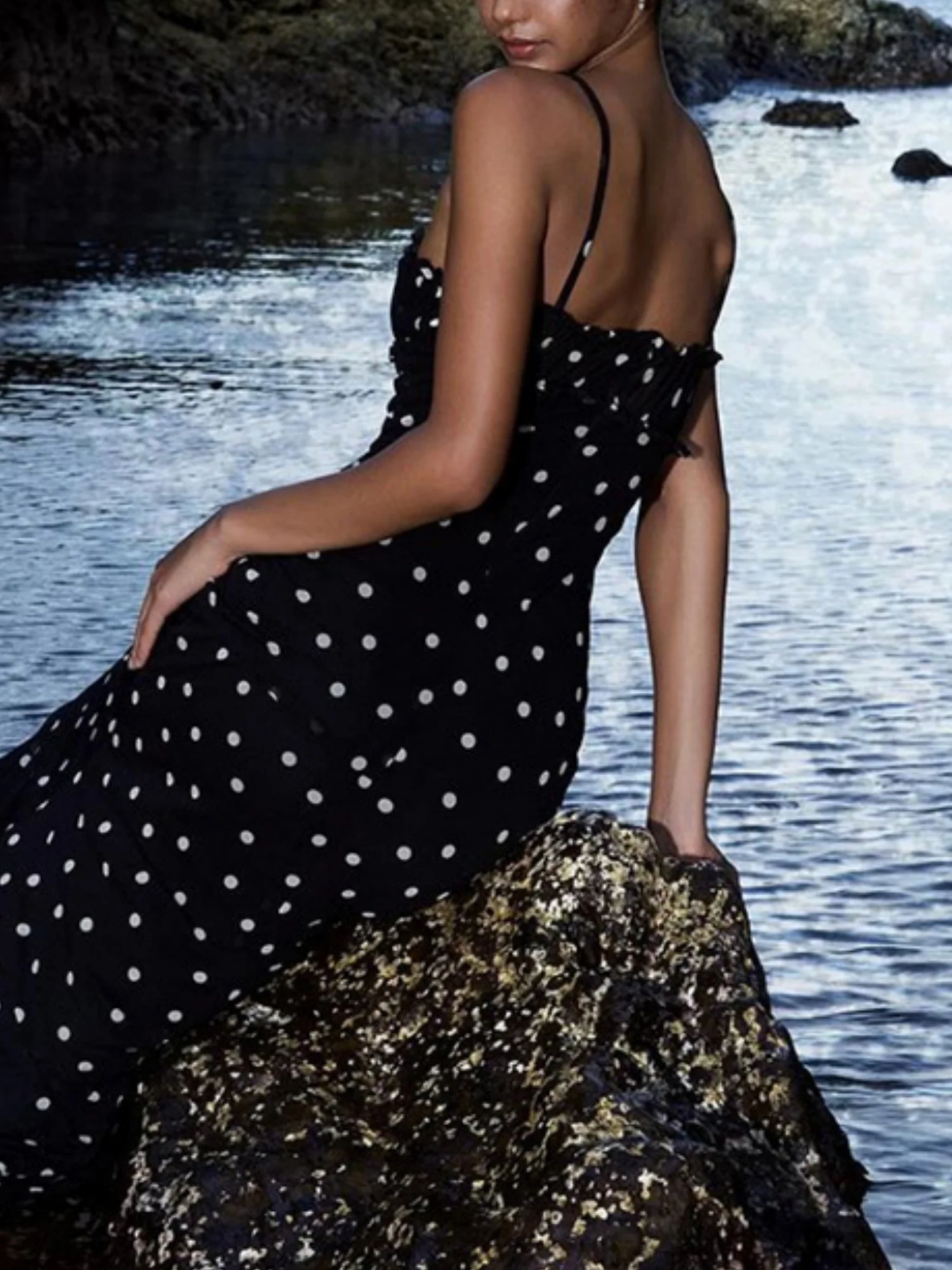 Polka Dots Spaghetti Strap Backless Bodycon Slimming Maxi Dresses - Image 3