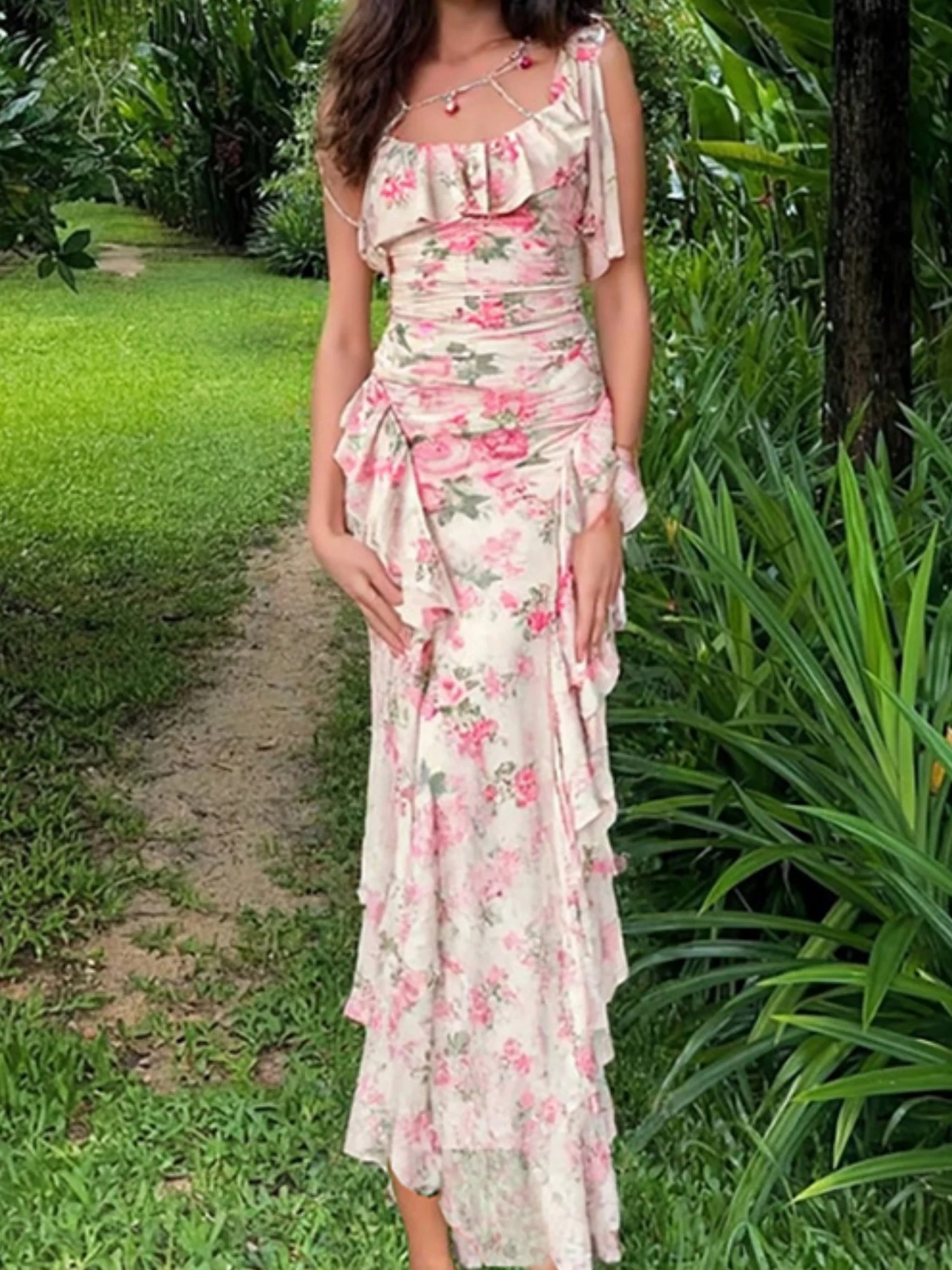 Printed Ruffled Splicing Mesh Camisoles Maxi Dresses - Image 4