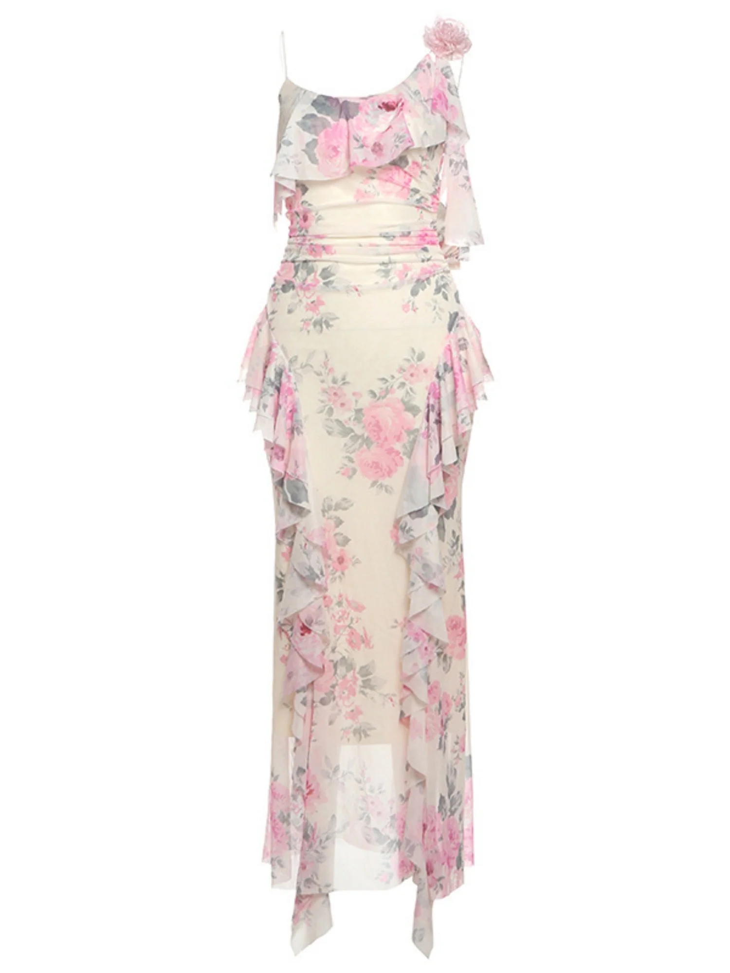 Printed Ruffled Splicing Mesh Camisoles Maxi Dresses - Image 5