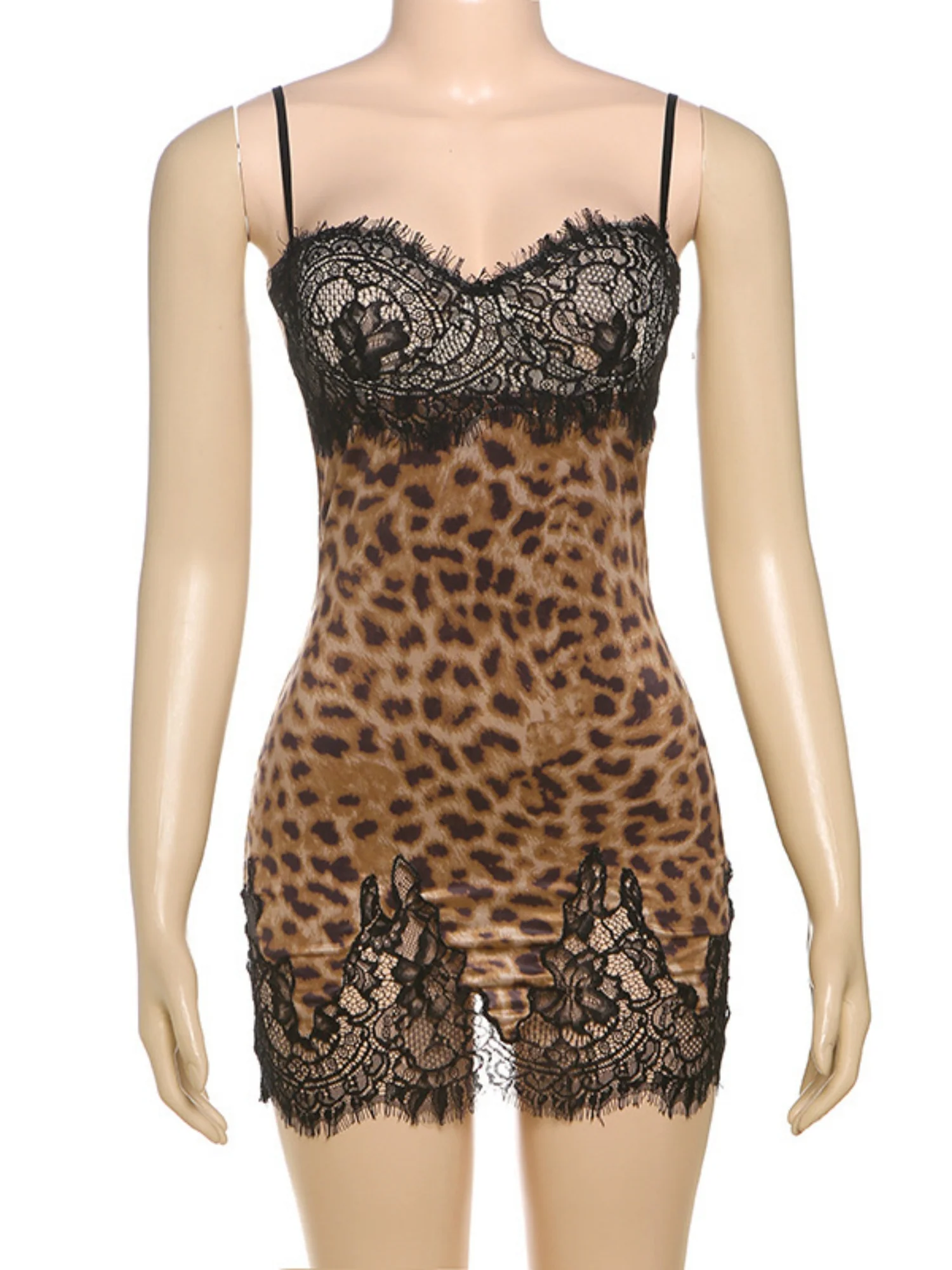 Leopard Print Lace Patchwork Spaghetti Strap Backless Mini&Short Dresses - Image 5