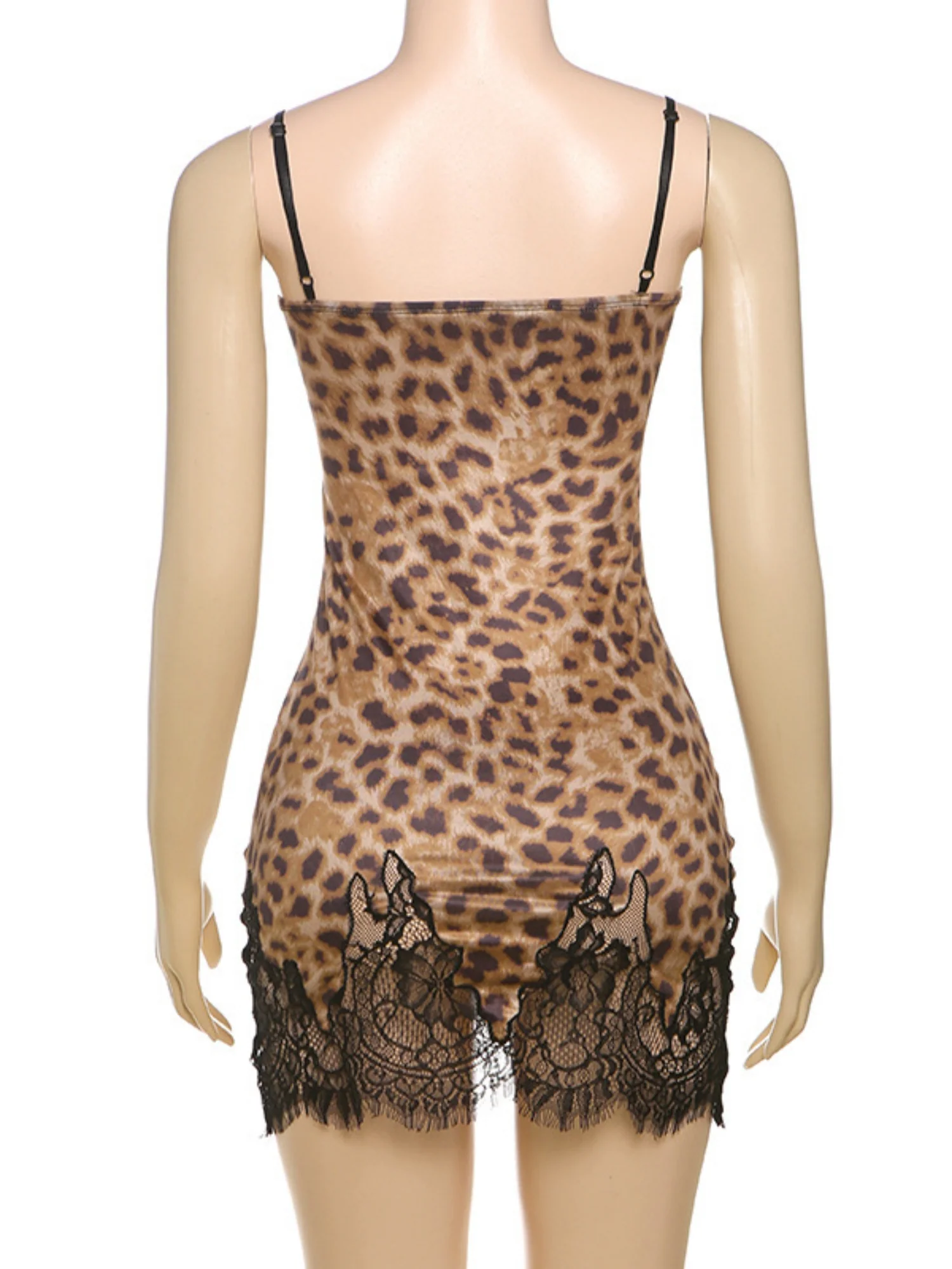 Leopard Print Lace Patchwork Spaghetti Strap Backless Mini&Short Dresses - Image 6