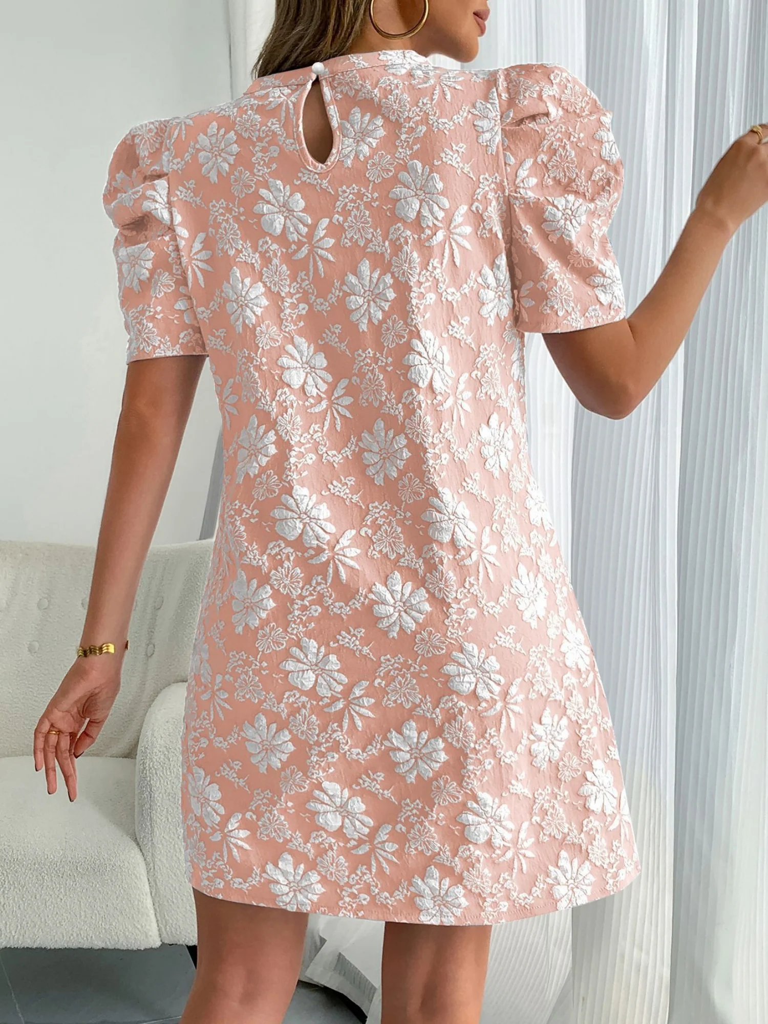 Flower Jacquard Round Neck Puff Sleeves Mini&Short Dresses - Image 2