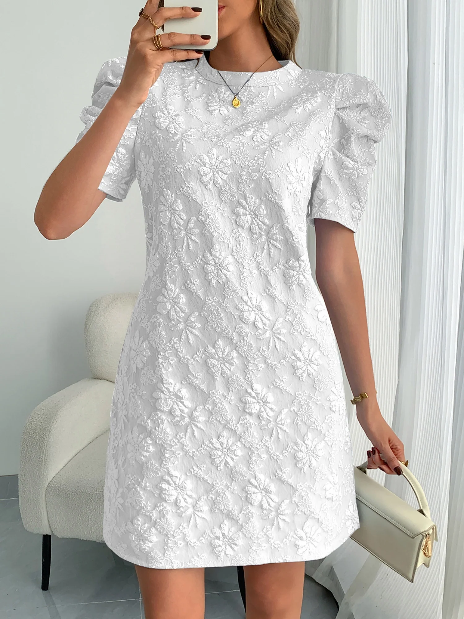Flower Jacquard Round Neck Puff Sleeves Mini&Short Dresses - Image 3