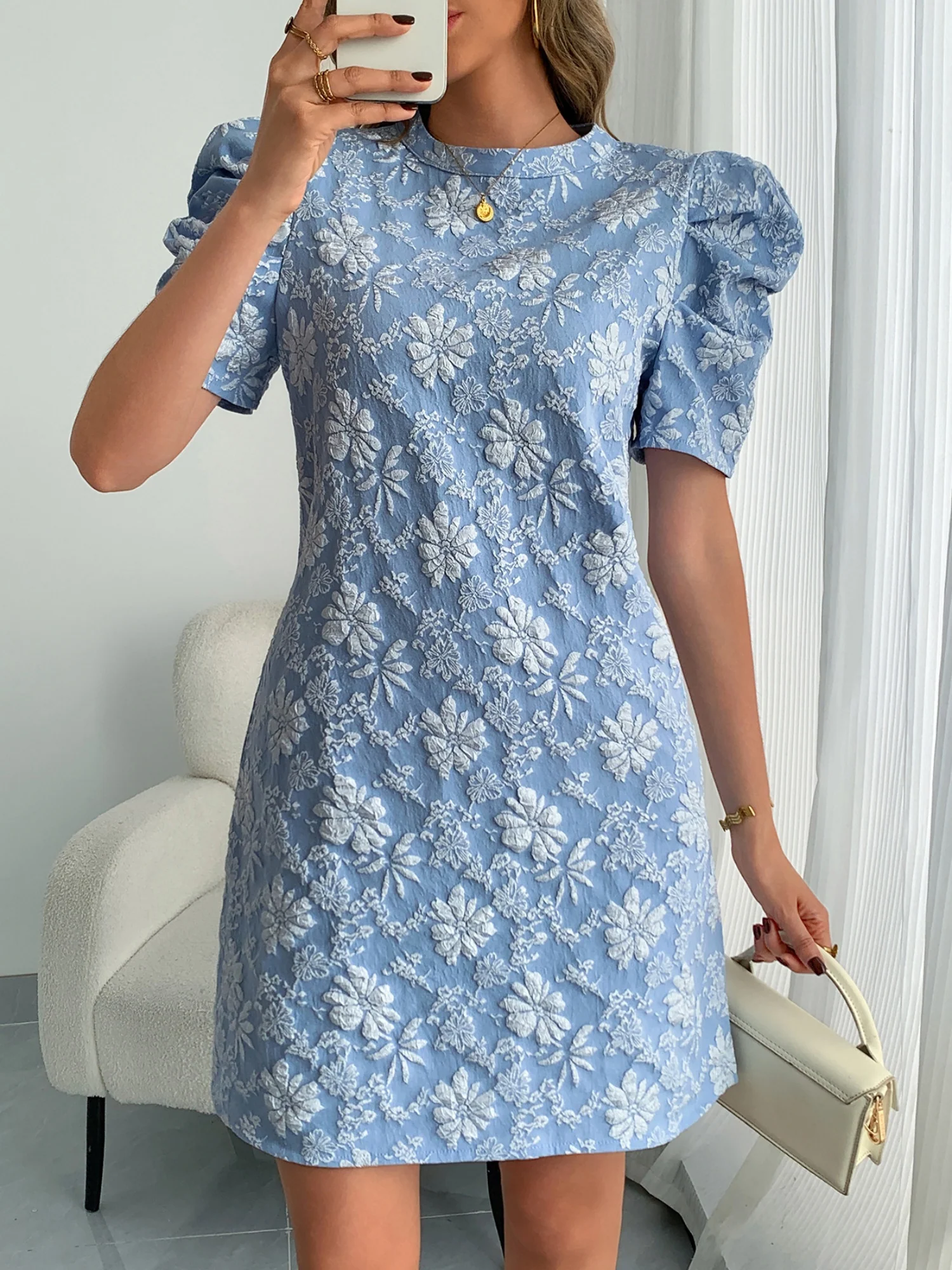 Flower Jacquard Round Neck Puff Sleeves Mini&Short Dresses - Image 4