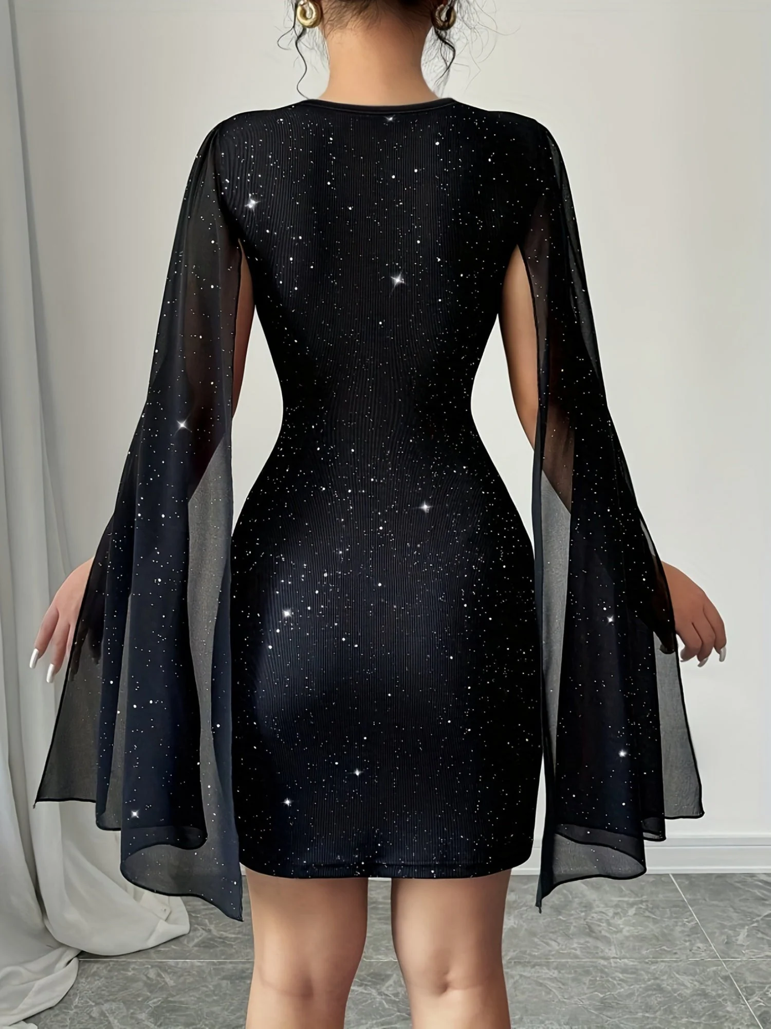 Sequins Chiffon Cape Deep V-neck Mini&Short Dresses - Image 2