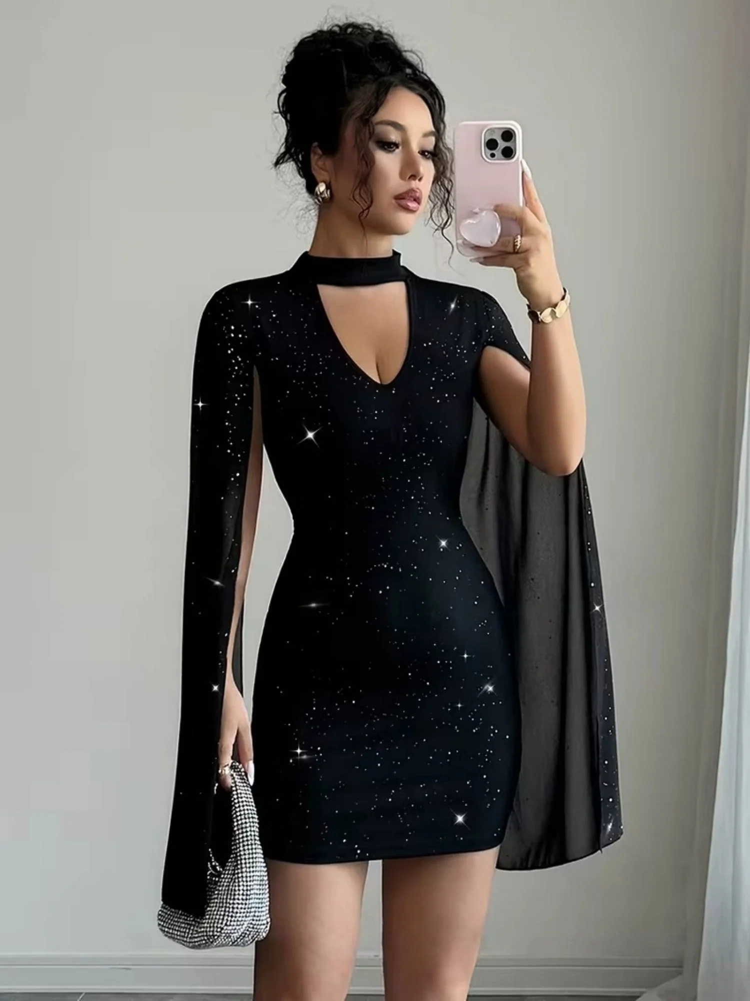 Sequins Chiffon Cape Openwork Chest Mini&Short Dresses - Image 3