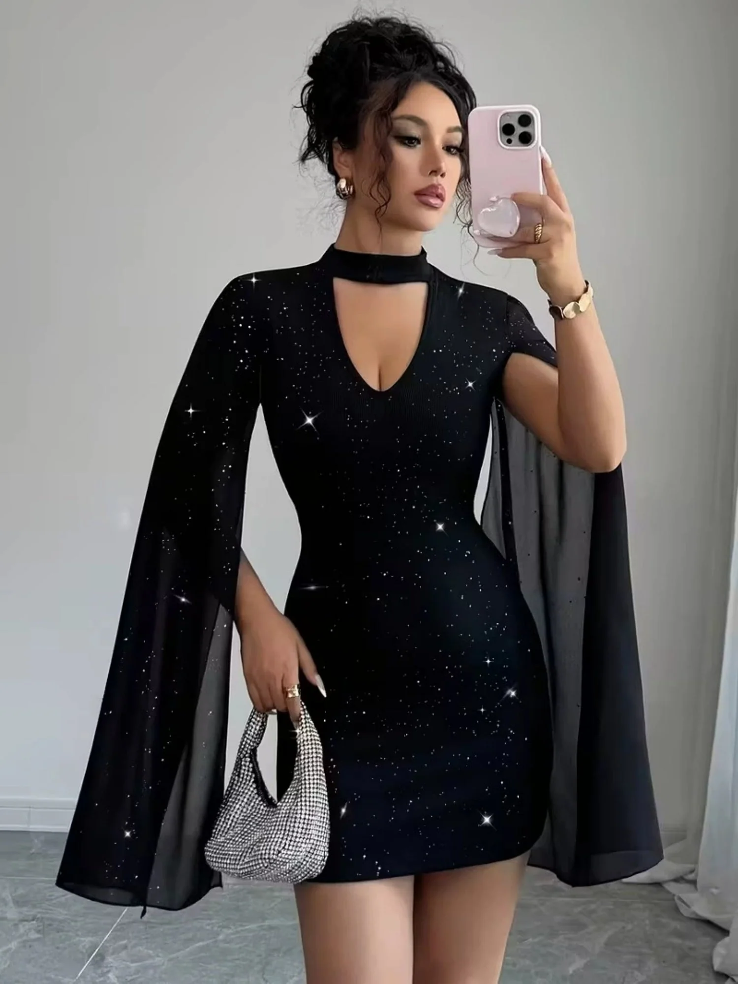 Sequins Chiffon Cape Openwork Chest Mini&Short Dresses - Image 4