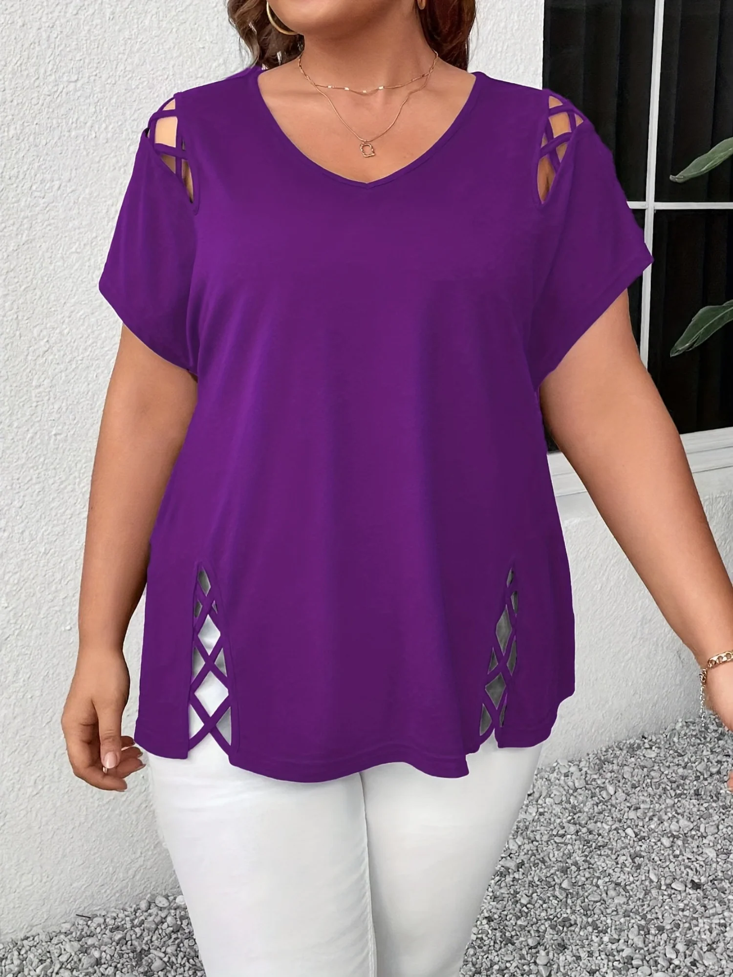 Hollow Out V-neck Cross Belt Short-sleeved T-shirt - Image 10