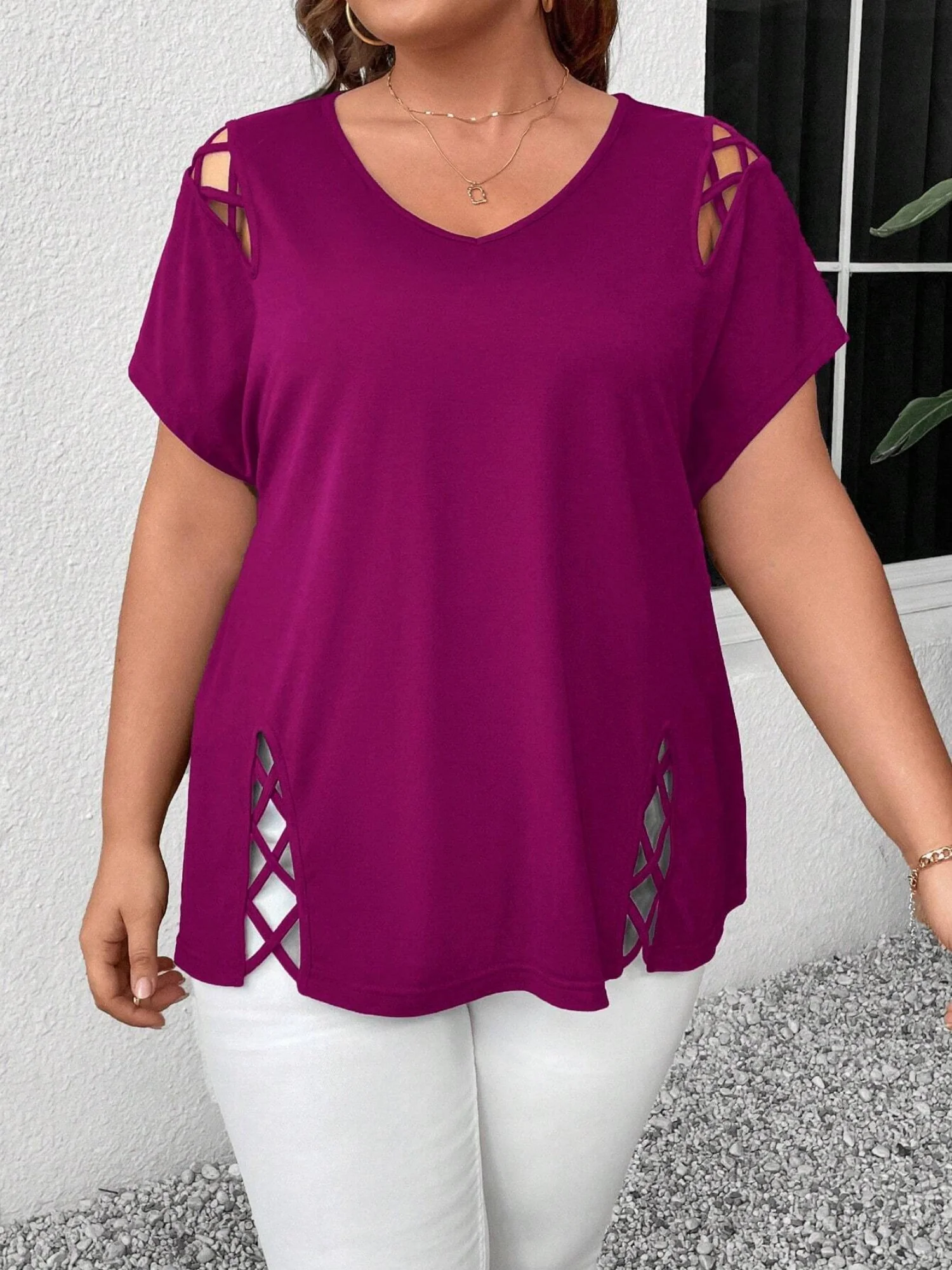 Hollow Out V-neck Cross Belt Short-sleeved T-shirt - Image 4